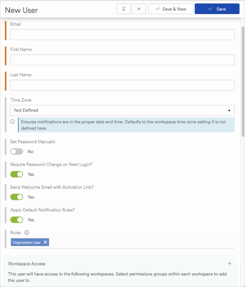 Form for adding a new user with various settings and options highlighted.